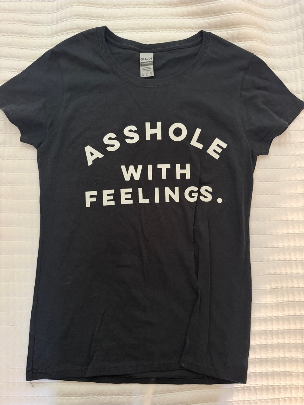 Gildan Black Tee with White '😉 WITH FEELINGS.' Text